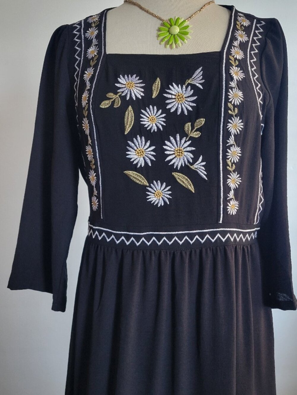 Black Floral 3/4 Length Sleeve Square Neck Maxi Dress